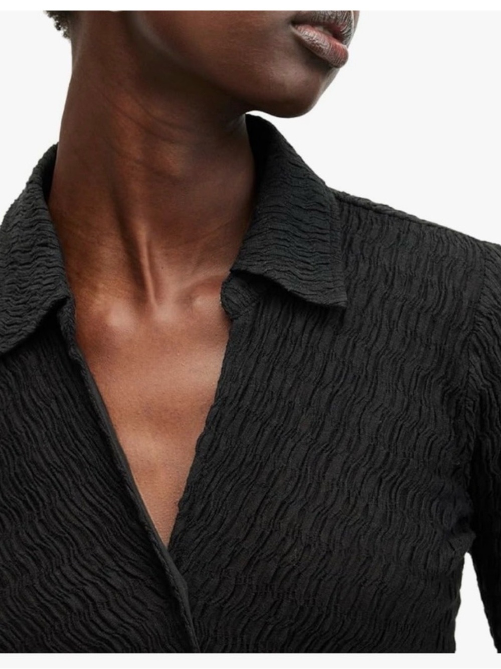 AllSaints Black Bodycon Connie Long Sleeve Ribbed Button-Front Collar Midi Dress - Picture 2 of 10
